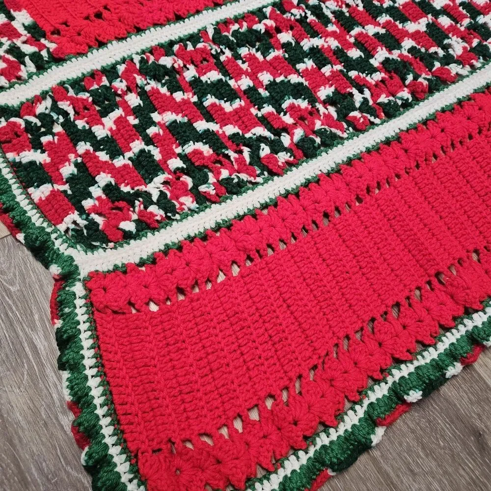 Vintage Handmade Crochet Afghan Blanket Red Green White Christmas Holiday Throw